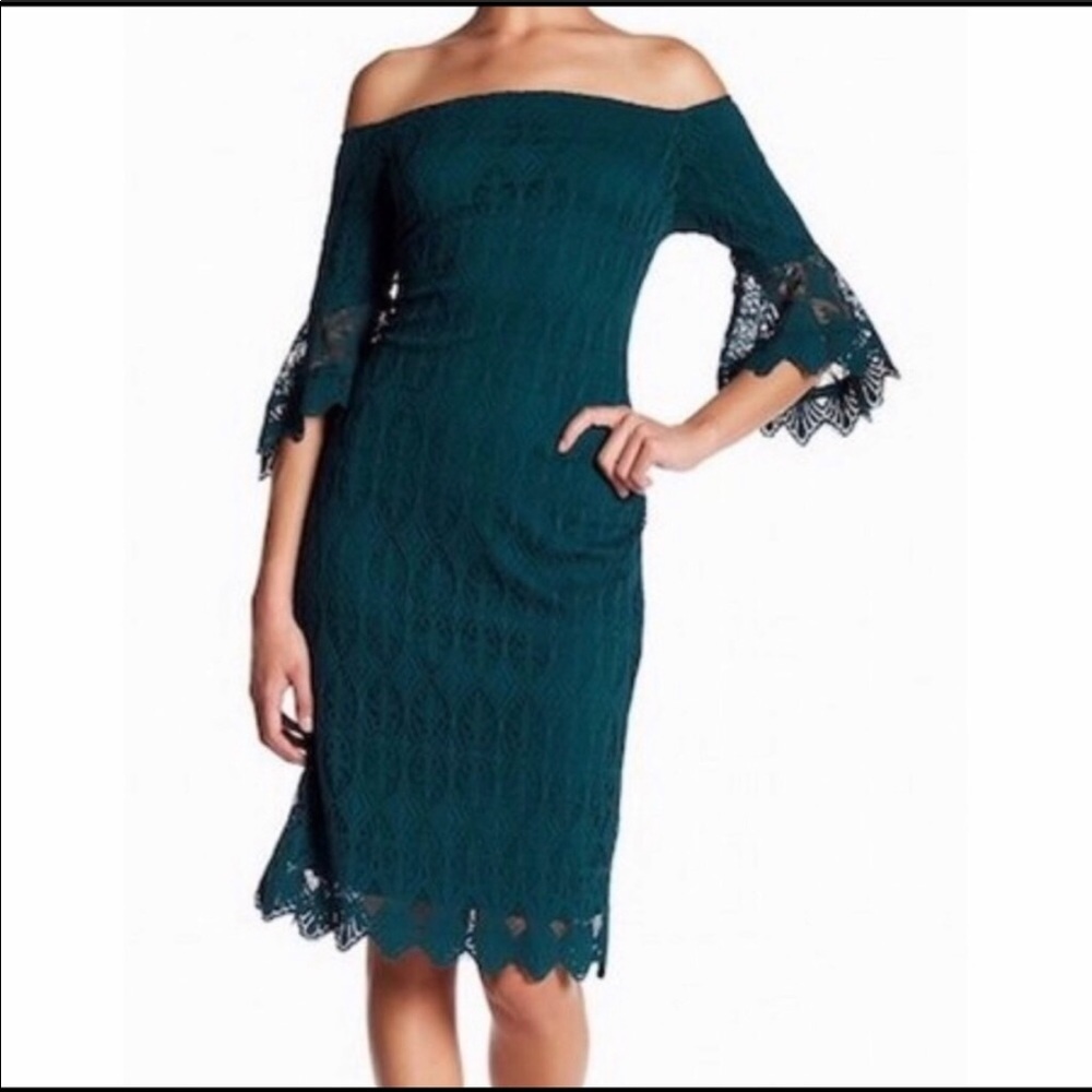 Sharagano Green Lace Off the Shoulder Dress - Picture 1 of 6